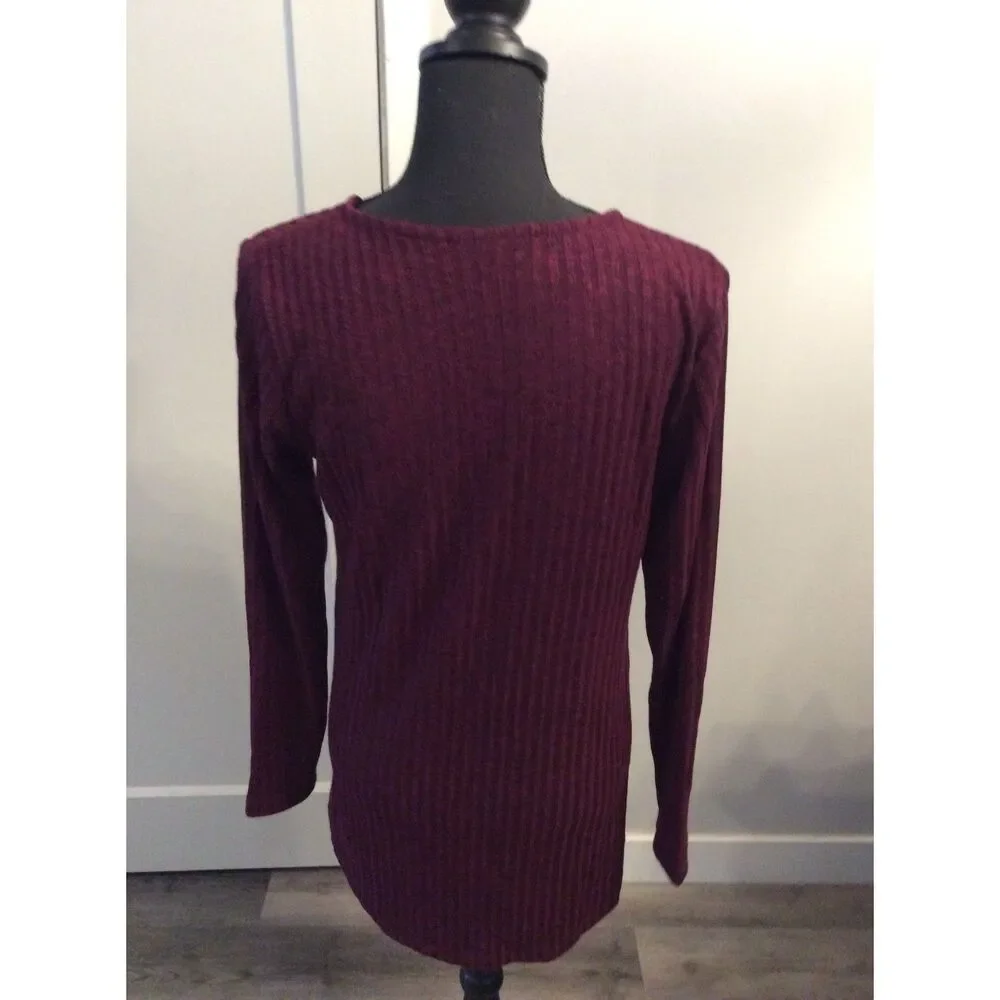 Susan Graver Small S Long Sleeve thick knit Top V Neck Burgandy Womens
